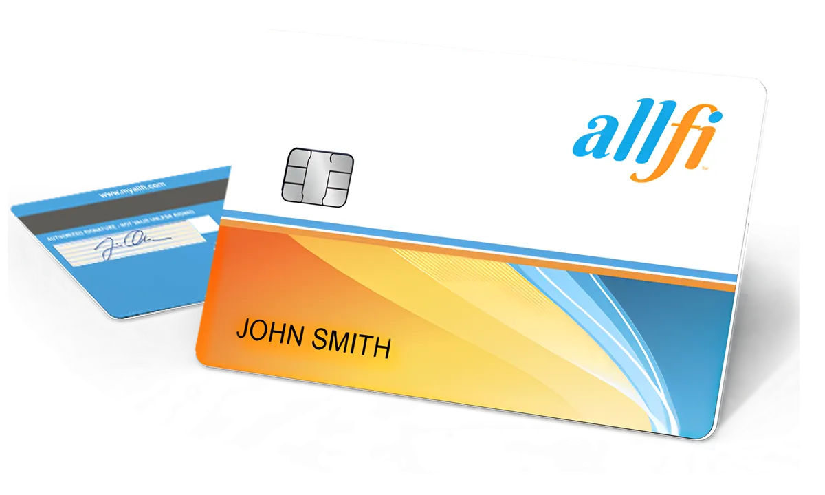 Front and back of the AllFi debit card, with the sample name John Smith.