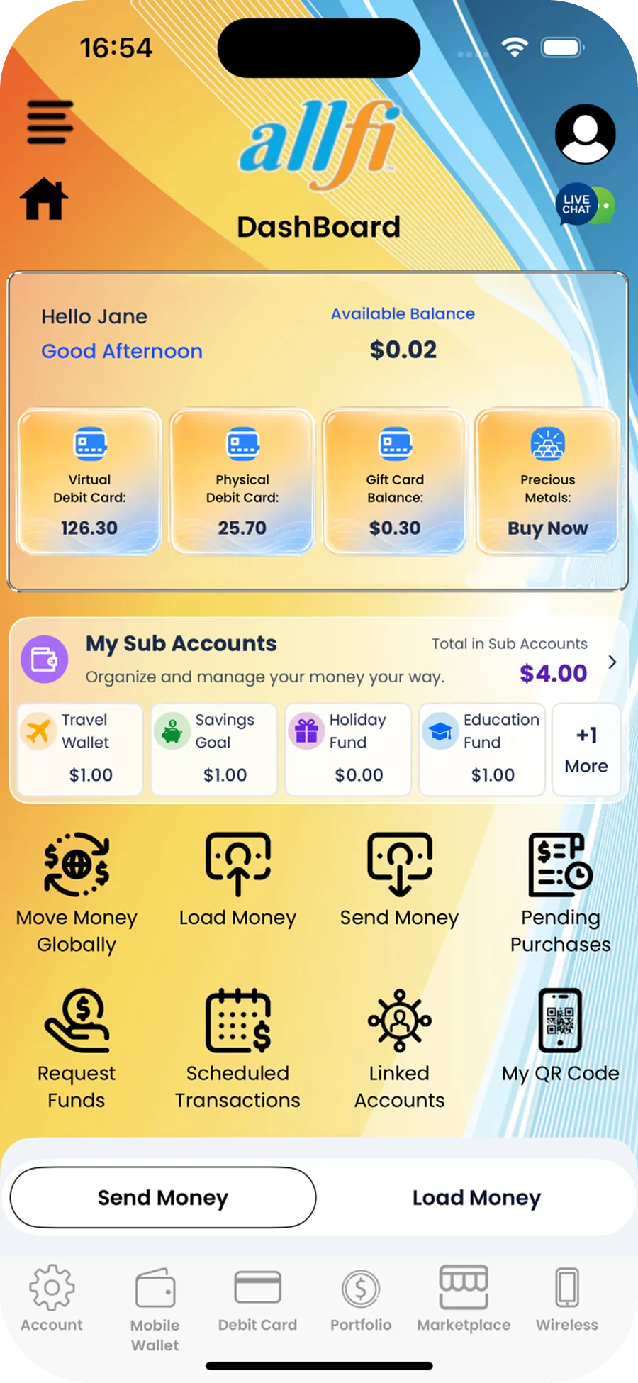 The AllFi app Dashboard on a phone: available balance, virtual and physical debit card, gift card and precious metals balances, sub accounts, and buttons to move, load and send money. Names and amounts are samples.